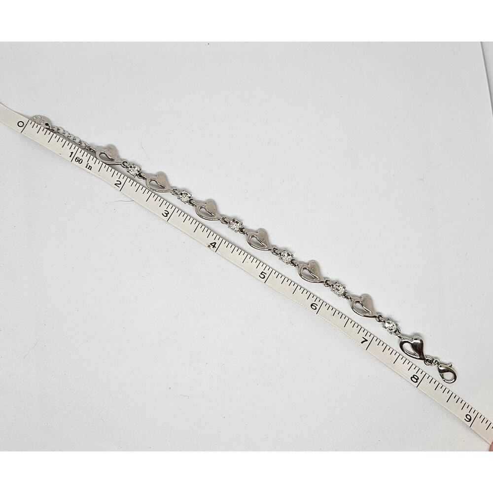 Silver Tone Heart Charm Rhinestone Accents Chain Bracelet - Picture 3 of 6